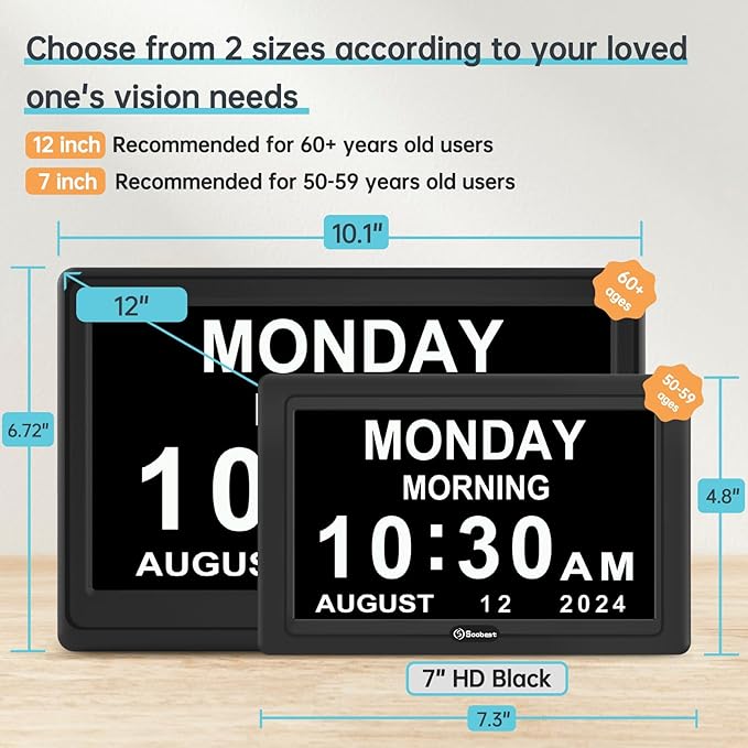 Soobest Dementia Digital Clock for Seniors Elderly, 20 Alarm Reminders 3 Ringtones for Memory Loss Alzheimers, Electric Time Date Day Large Display Calendar Clock, Auto DST, 1024 * 600P HD