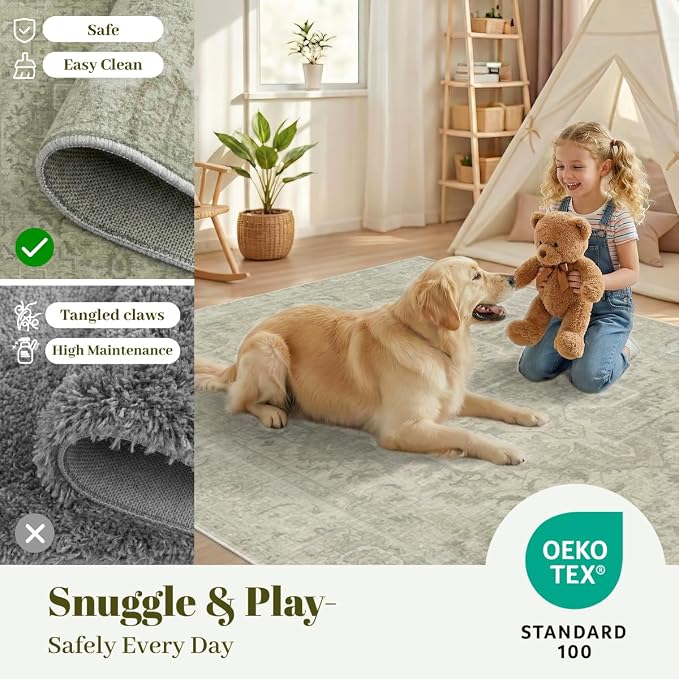 Homemate Washable Rug 2x6 Area Rugs - Vintage Faux Wool Rugs for Living Room Bedroom Dining Room - Non Slip Foldable Carpet Indoor Area Rug for Home Decor（2'x6', Green