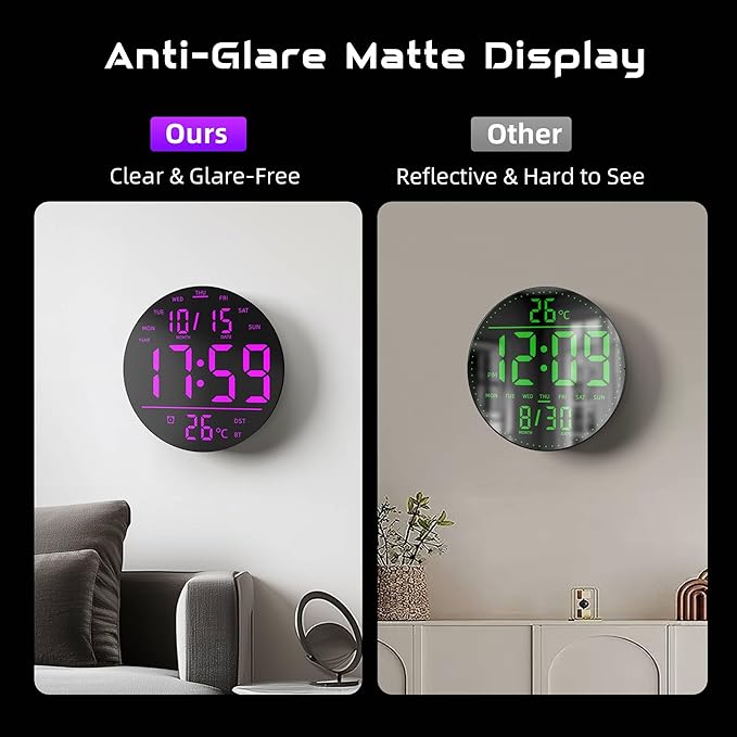 EASYERA 10" Large Digital Wall Clock with Remote Control, Music Sync RGB Atmosphere Light, Low-Reflectivity, Temperature, LED Display, Dual Alarms, BT Sync, Auto DST for Bedroom and Classroom