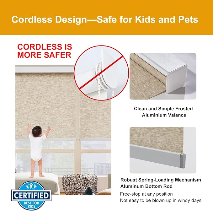 Persilux Free-Stop Cordless Light Filtering Roller Window Shades for Home (Khaki 70" x 72") Natural Woven Fabric UV Protection Privacy Roller Shades for Windows, Home, Kitchen, Doors, Living Room
