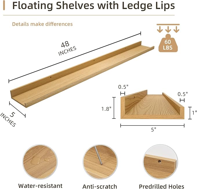 Acovy Picture Ledge Shelf, Wood Long Floating, Set of 2, 48 inch, Oak | Wall Mounted, For Photo Display, For Nursery Book Storage, For Living Room Kids' Room Bedroom