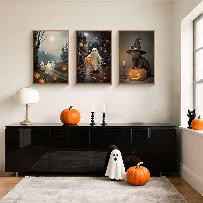 Spooky Halloween Ghost Lighted Pumpkin Framed Canvas Wall Art Set,Gothic Inspired Cute Black Cat Witch Hat Wall Decor,Vintage Foggy Forest Castle Artwork for Living Room, Bedroom-16 x24 x3
