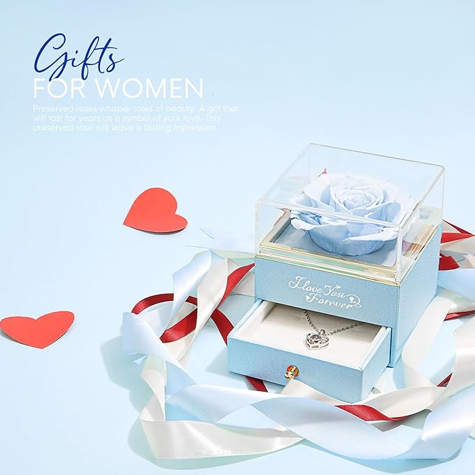 ASELFAD Preserved Real Rose with Heart Necklace -I Love You Forever Eternal Rose for Her, for Mom, Wife, Anniversary or Birthday Gifts for Women, Light Blue
