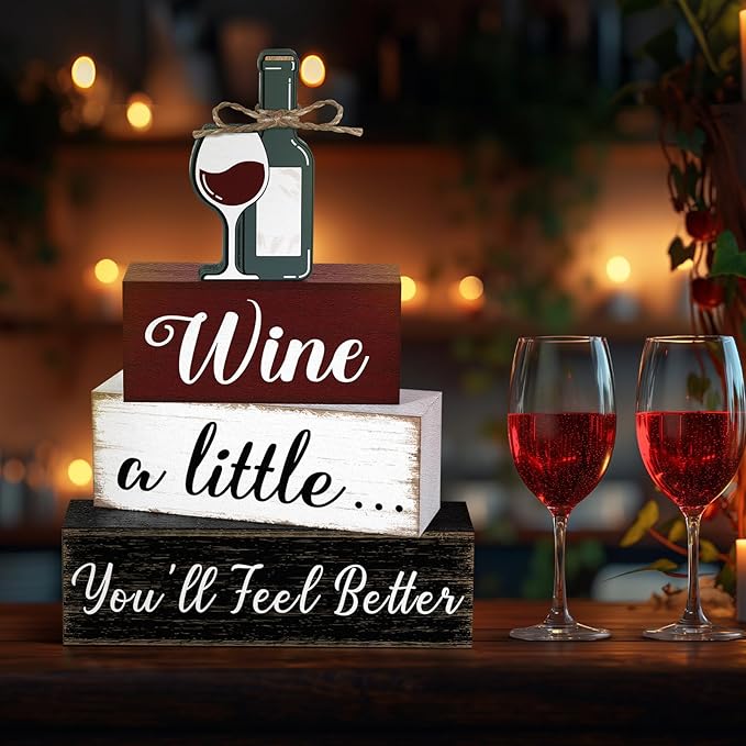 Marsui 4 Pcs Wine Tabletop Decor Rustic Coffee Bar Tiered Tray Decor Decorative Wood Wine Bottle Block Sign Gift Wooden Farmhouse Table Centerpiece for Home Party Shelf Desk Decoration
