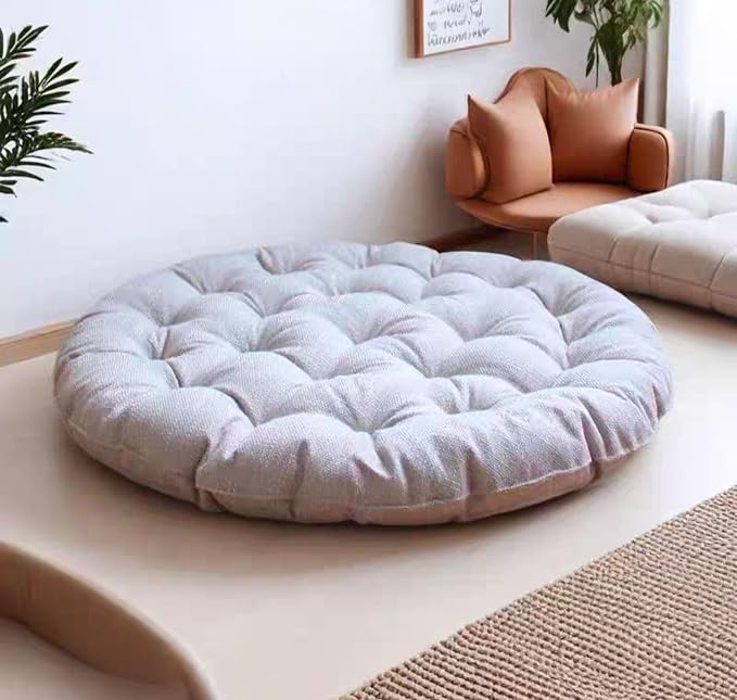 Large Linen Floor Cushions,Round Futon Pillows Japanese Style Tufted Floor Pillows Meditation Cushions for Seating On Pad for Yoga Sofa Balcony(Size:30x30inch,Color:Beige)