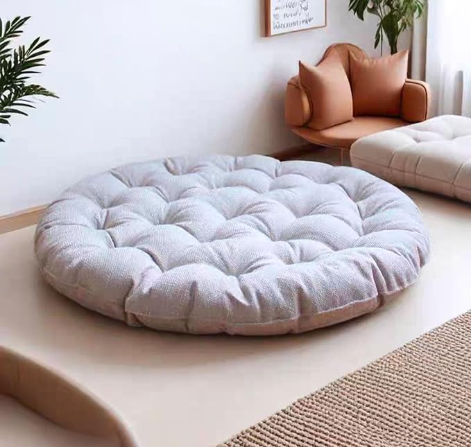 Large Linen Floor Cushions,Round Futon Pillows Japanese Style Tufted Floor Pillows Meditation Cushions for Seating On Pad for Yoga Sofa Balcony(Size:26x26inch,Color:Beige)