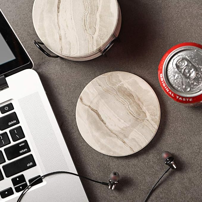 LIFVER Drink Coasters 6 Pieces Ceramic, Absorbent Coasters for Drinks,Stone Style Coaster Set with Cork Base for Wooden Table,Housewarming Gift for Friend