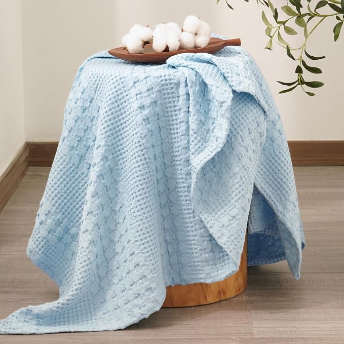 PHF 100% Cotton Waffle Throw Blanket for Couch, Lightweight Breathable and Soft for Summer, Luxury Aesthetic Waffle Weave Blanket for Home Decor & Office, Gifts for Women, 50"x60", Baby Blue