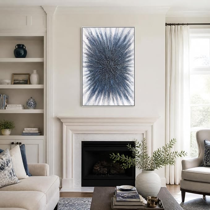 SAFERRYHOME Abstract Hand Painted Wall Art, Navy Blue, 24"x36" Framed | Shimmering Blue 3D Textured Framed Wall Decor, Modern Painting Radiant Burst Geometric Artwork for Home Office Living Room