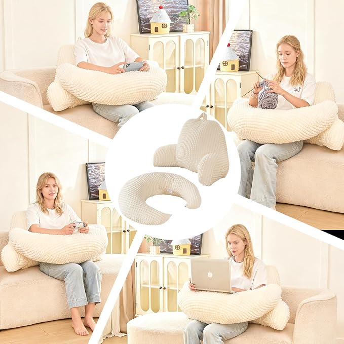 19" Reading Pillow for Bed,U Shaped Arm & Elbow Support,White Flannel | Backrest Supports Back,U shaped Lap Pillow Cushions Arms,Elbows & Wrists,Soft Flannel for Reading,Gaming,Watching TV