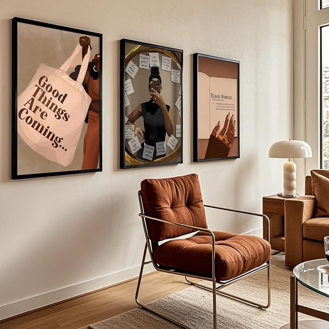 Black Girl Wall Art African American Woman Canvas Wall Decor Black Female Wall Art Fashion Women Poster Feminine Boho Pictures Abstract Paintings for Bedroom Bathroom 16x24 Inch Unframed Set of 3