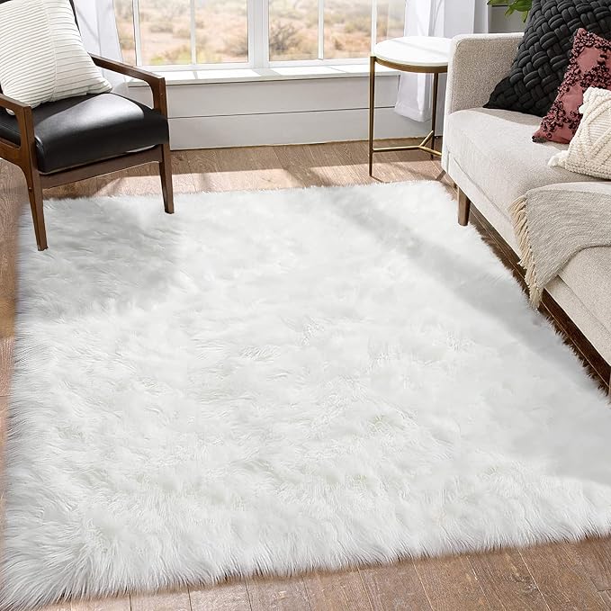 Goolela White Area Rug 6x9 Fluffy Fuzzy Furry Sheepskin Rug for Living Room Bedroom White Faux Fur Shag Carpet Rectangle