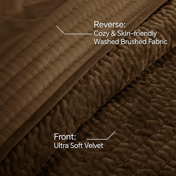 BEDELITE Velvet Quilt Set Queen Size - Luxury Soft Velvet Comforter Bedding Set for All Season, Lightweight Quilted Channel Stitch Oversized Bedspread Coverlet with 2 Matching Shams, Brown