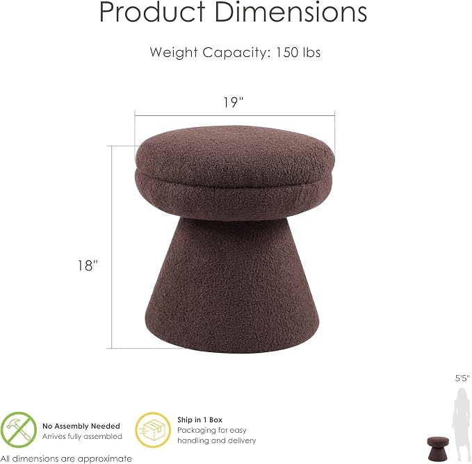 Furniture of America Rami Modern 18-inch Mushroom-Shape Upholstered Ottoman with Tapered Pedestal, Vanity Stool Chair, Small Foot Stool for Bedroom, Living Room, Entryway, Brown