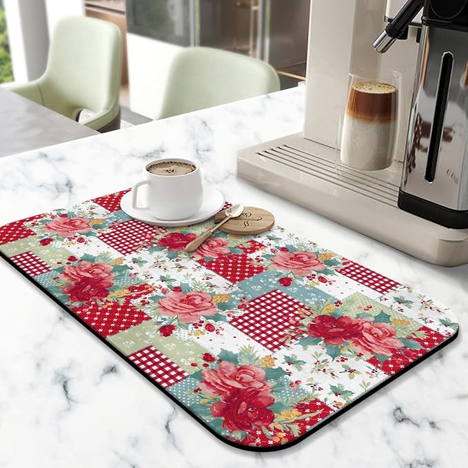 Coffee Bar Mat Accessories for Countertop - Absorbent Anti-Slip Silicone Flower Dish Drying Mats for Kitchen Counter Draining Pad Decor Gift - Fit Coffee Maker, Espresso Machine - 19x12in