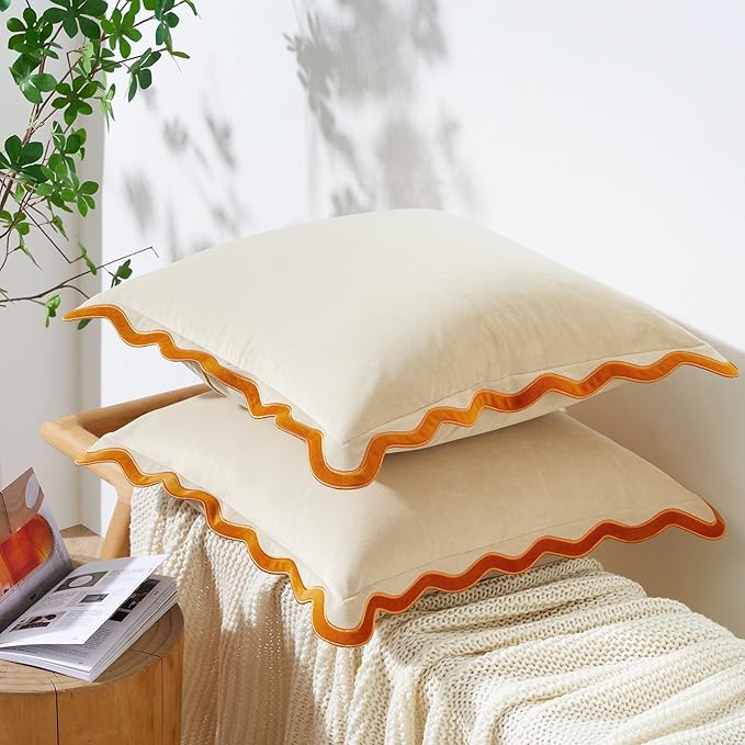 MONDAY MOOSE Decorative Throw Pillow Covers Cushion Cases, Set of 2 Soft Velvet Scalloped Wavy Edge Designs, Mix and Match for Home Decor, Pillow Inserts Not Included (18x18 inch, Honey/Cream)