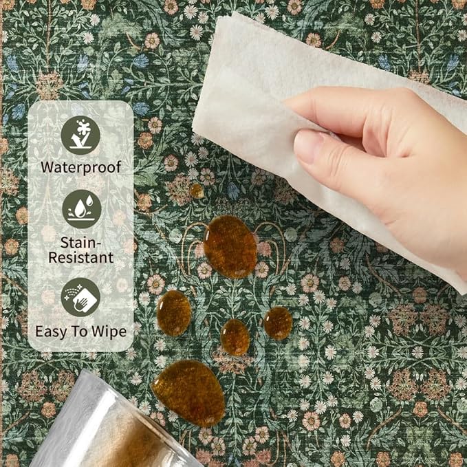 Rugxara 4x6 Area Rugs for Living Room Bedroom, Large Washable Rug, Green Vintage Floral Boho Rug, Non Slip & Low Pile Wool Accent Carpet for Indoor Dining Room, Kids Room and Office(Green 4x6ft)