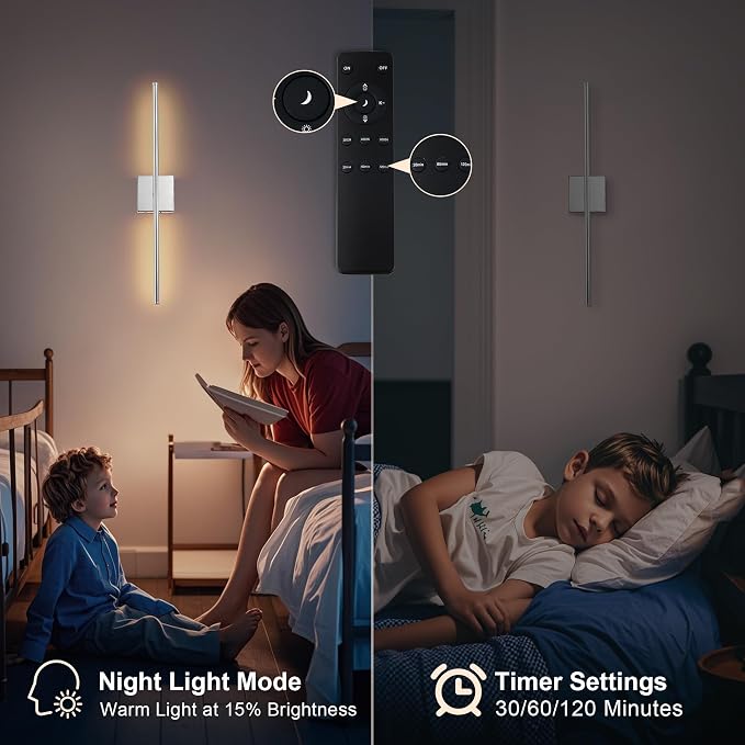 KARTOOSH Removable Battery Operated Wall Sconces with Remote Control, Stepless Colors 3000K-6000K & Dimming, 350°Rotate, LED Chrome Wireless Wall Light for Living Room, Bedroom, 28.3 Inch (2 Pack)