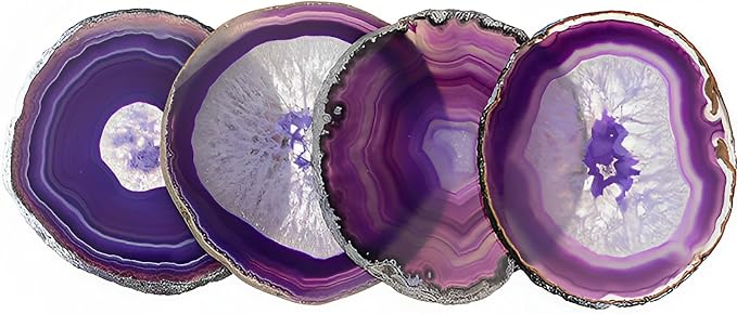 Natural Agate Coasters Set of 4, Dyed Purple 4-5" Geode Slices, Wide Crystal Stone Drink Coasters with Rubber Bumpers for Cups, Mugs & Wine Glasses, Unique Home Decor