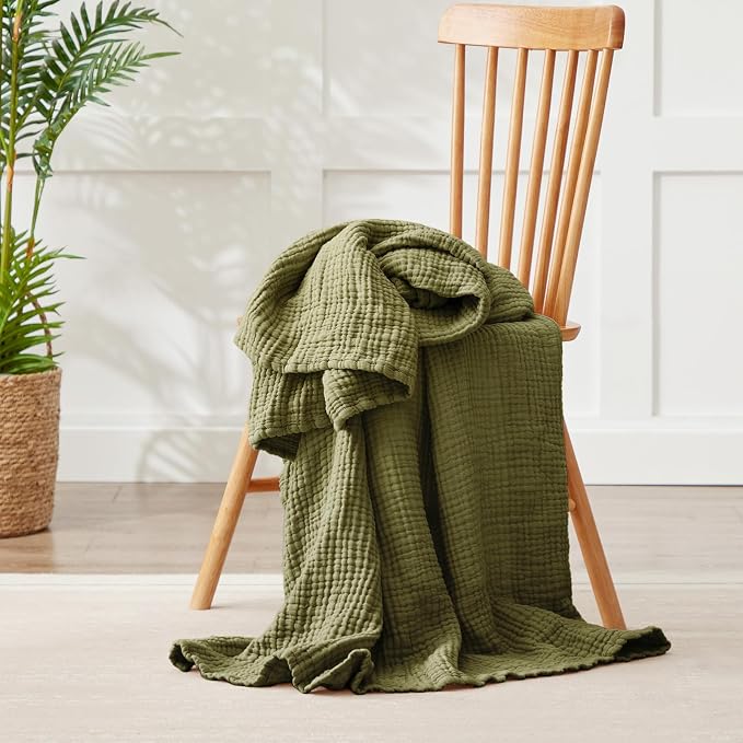 100% Cotton Muslin Blanket Twin 60" x 80", Breathable and Lightweight Cotton Twin Blankets for Couch, Soft Cooling Summer Gauze Blanket for Adults All Season, Olive Green