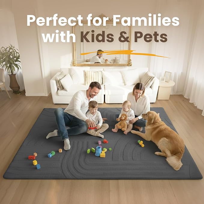 Huloo Sleep Ultra Soft Fluffy Baby Play Mat for Floor,1.3" Thick Cushion Padded Kids Rug with 3D Carved Faux Rabbit Fur,Non-Slip Large Carpet Nursery Rug Area Rug for Playroom Living Room(Charcoal)