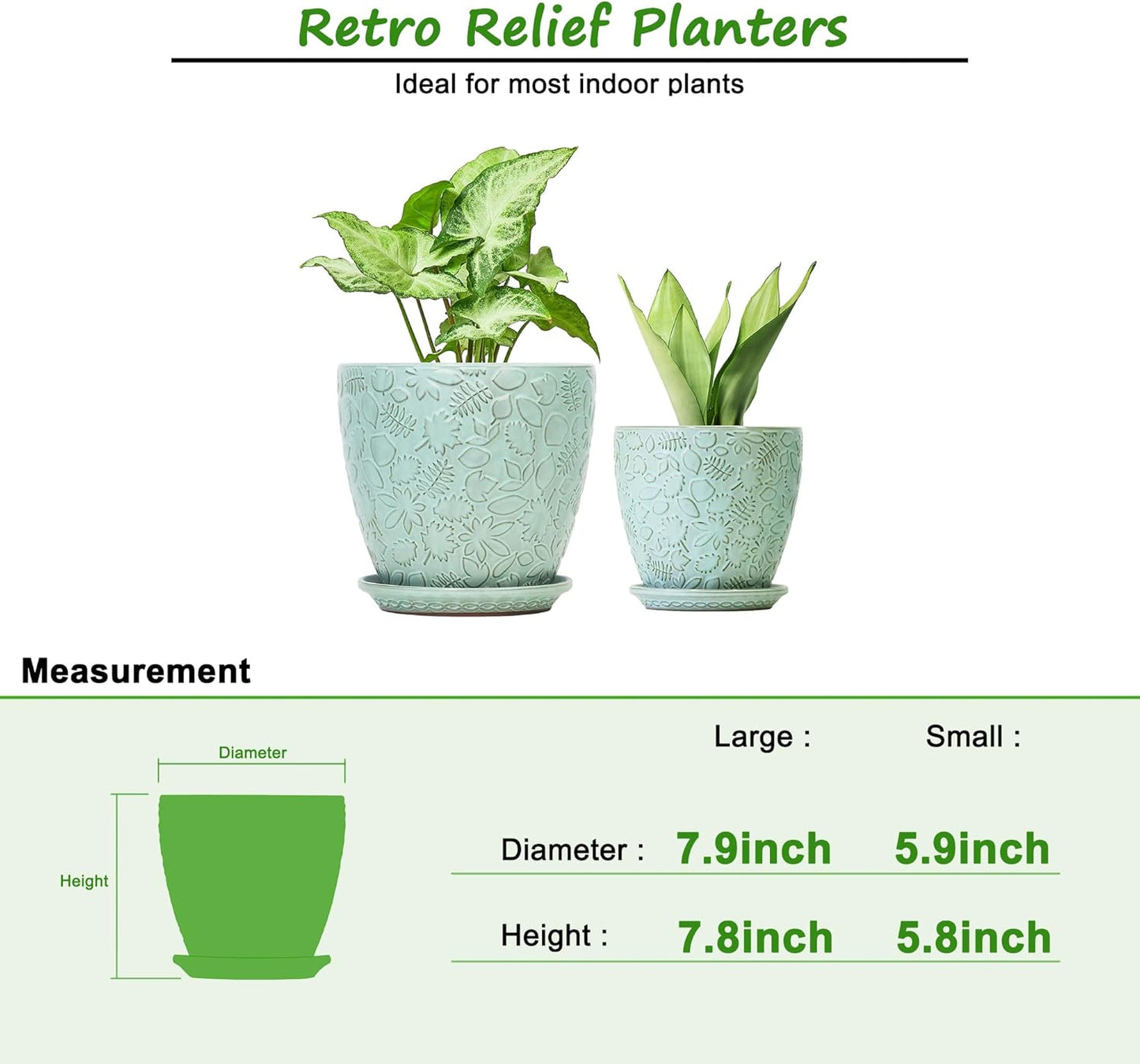 8 Inch + 6 Inch Plant Pots for Indoor Plants, Ceramic Planter with Drainage Hole and Saucers, Garden Pots for Succulent, Orchid, and Flower, Set of 2