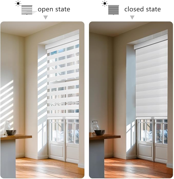 AOSKY Cordless Zebra Blinds for Windows Pull Down Roller Window Shades Dual Layer Light Filtering Privacy for Day and Night, Free-Stop Door Shades for Home Easy to Install (35" W X 64" H, White)