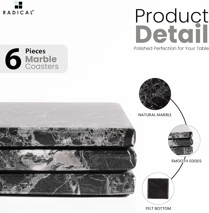 Radicaln Black Marble Coasters Set of 6 Handmade 3.5" Inch Square Coasters for Drinks, Ideal Coaster Set for Home & Kitchen Table Decor