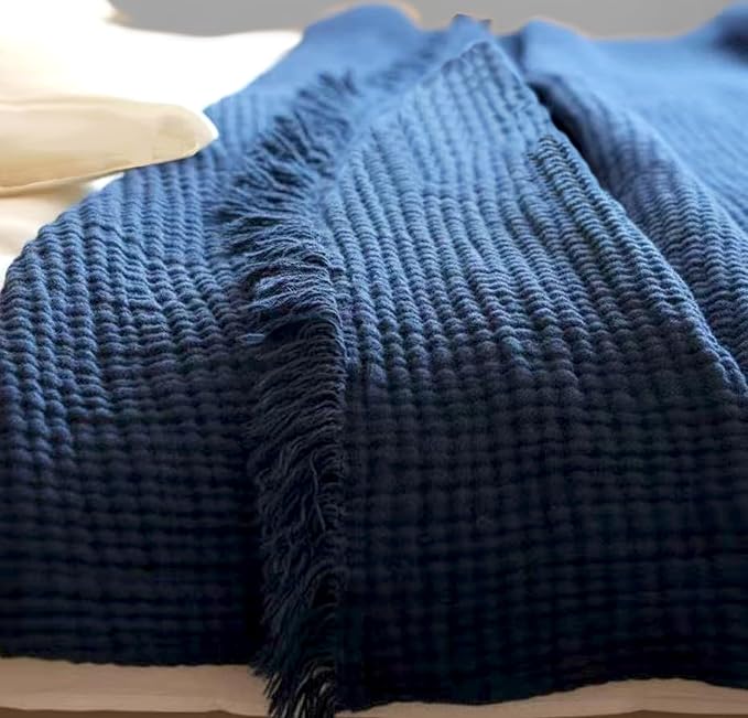 KyraHome 100% Organic Cotton Throw Blankets for Couch, Muslin Blankets for Adults, 60"x80", Plant Dyed Breathable Lightweight Summer Blankets, All Season (Navy Blue)