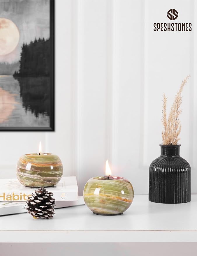 Marble Tealight Candle Holder 3 Inch Green Onyx Mini Votive Candle Holders for Table Centerpiece, Valentines Day Decorations & Room Decor, Decorative Candles Holders for Wedding Gifts
