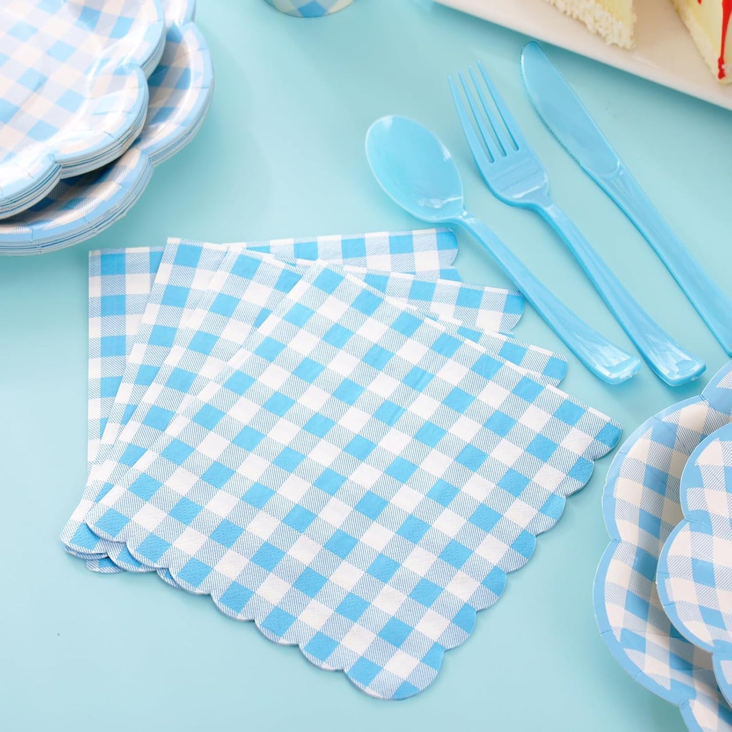 175 Pcs Blue Gingham Plates and Napkins Party Supplies - Blue and White Checkered Plates Sets Serve 25 Guests - Scalloped Gingham Paper Plate for Birthday Dinner Wedding Baby Shower Party Decorations