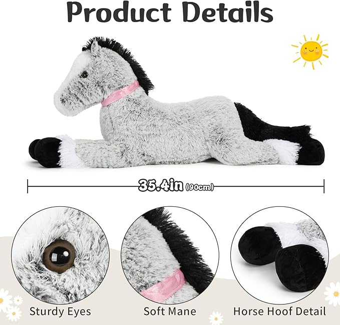 Tezituor 3ft Large Horse Stuffed Animal, 35 Inch Rideable Stuffed Pony Farm Plush Toy, Big Soft Horse Plush Body Pillow Christmas Birthday Gift for Kids