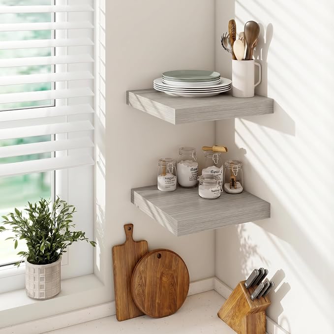 Vivelove 12" Deep Floating Shelves for Wall 16" Long, Wall Shelves for Bedroom Living Room Bathroom Kitchen Laundry Room, Farmhouse Rustic Shelves for Home Decor, 16" X 12" X 2" Set of 2, Grey
