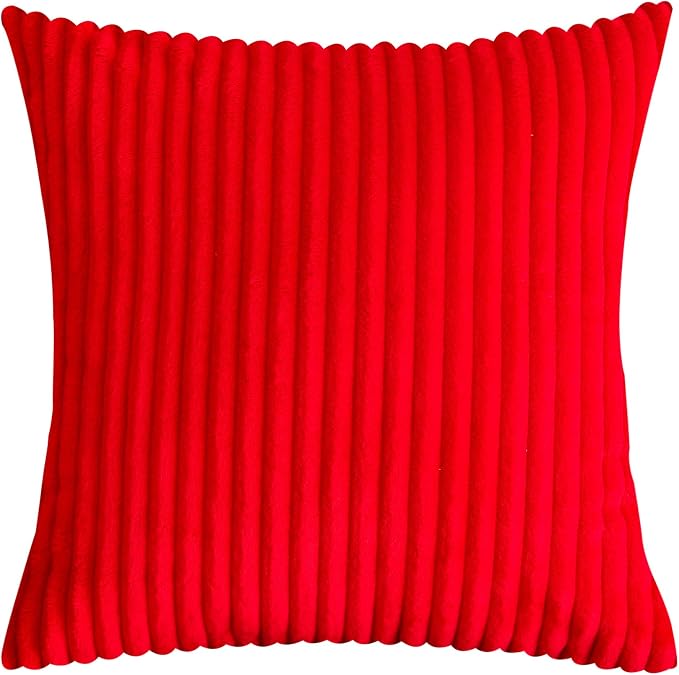 TangDepot Velvet Big Corduroy Pillow Covers 14x14 Red 2-Pack | Soft wide-stripe corduroy pillow cover, hidden zipper, machine washable, easy refresh, for bedroom living room indoor outdoor