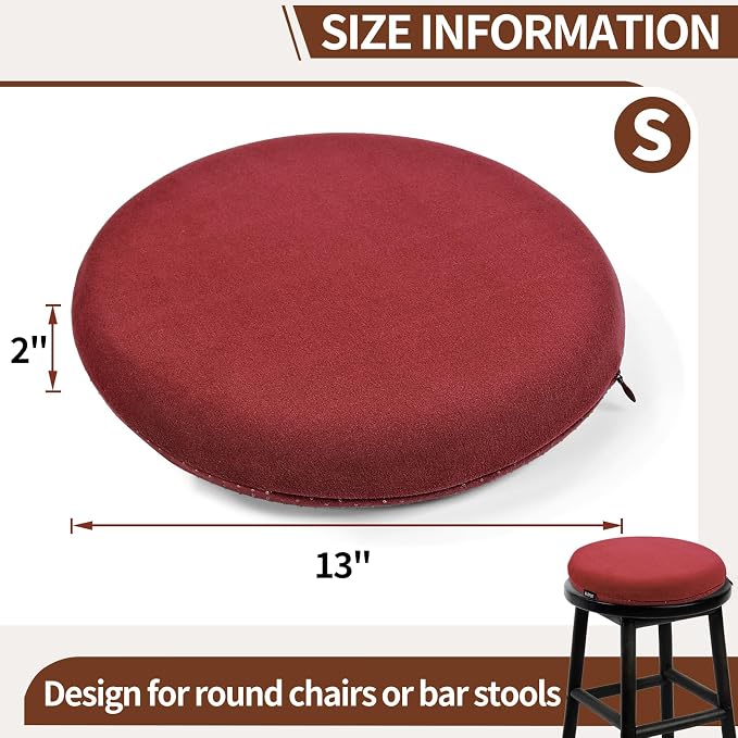 BUYUE Memory Foam Seat Cushion, Dia 13" Soft Velvet Round Stool Cushion Anti-Slip Chair Pads, S, Red