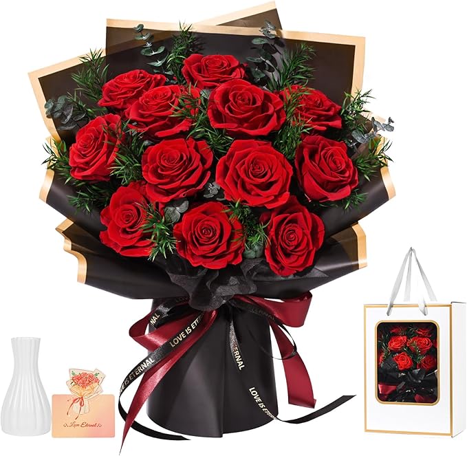 Flowers for Delivery Prime 12 Roses, Mothers Day Flowers for Mom, Mothers Day Gifts, Forever Roses Preserved Flowers Red Roses Bouquet Birthday Gifts for Women Gf Gifts Wedding Anniversary