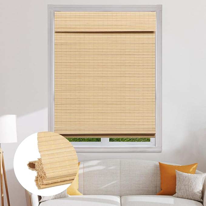 SEEYE Cordless Bamboo Roman Shades, Blackout Natural Bamboo Blinds for Indoor Windows, Roll Up Blind Privacy Shade for Home, Office, Door, UV Resistant & Easy to Install, 20" W x 64" H, Natural
