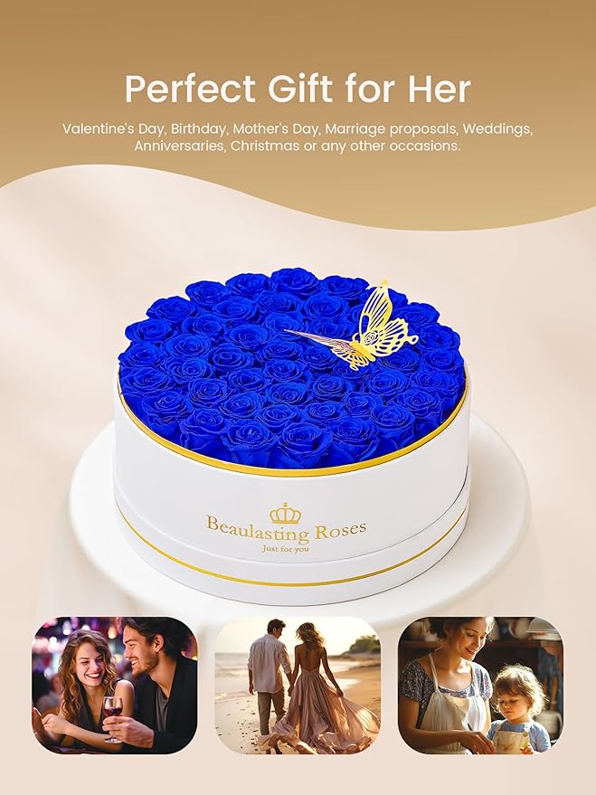 47 Preserved Roses Forever Flowers Real Roses in a Box Mother's Day Birthday Flowers for Her Mom Women Wife Valentine's Day, Royal Blue Roses