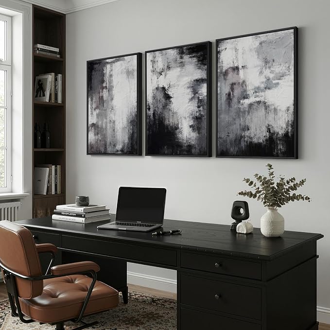 Framed Black and White Abstract Wall Art for Living Room, Large 3 Piece Modern Grey Canvas Artwork for Walls, Minimalist Abstract Prints Pictures Home Office Dining Room Hallway Wall Decor, 24x36 In