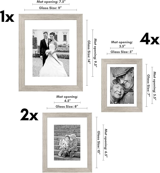 Americanflat Set of 7 Picture Frames with Shatter-Resistant Glass - Gallery Wall Frame Set with One 11x14, Two 8x10 and Four 5x7 Frames - Signature Collection - Driftwood