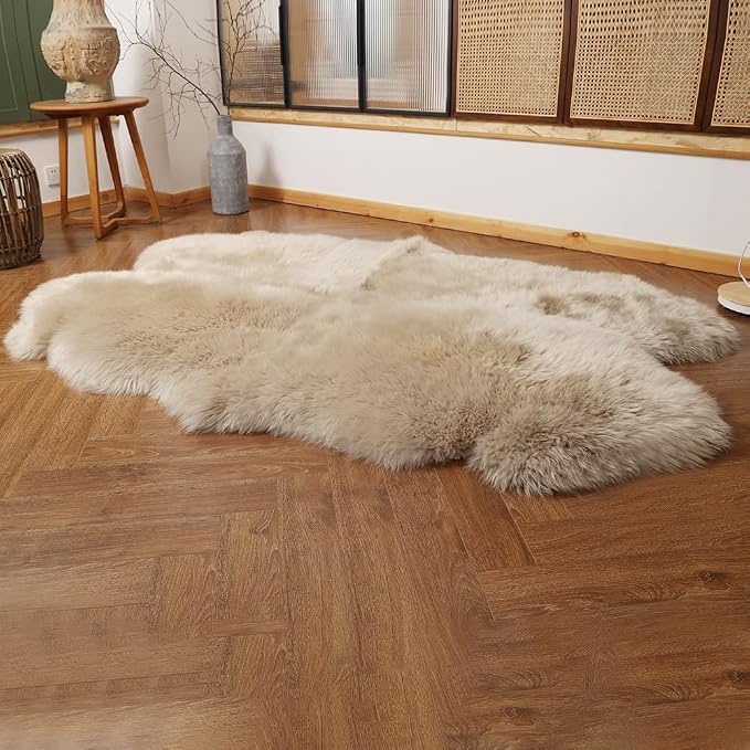 IRIWOOL Premium Genuine Fur Sheepskin Rug Real Australia Sheepskin Natural Luxury Fluffy Lambskin Fur Area Rug Seat Covers for Kids Bedroom Sofa Chair Cover (Creamy Gray, 4ft x 6ft)