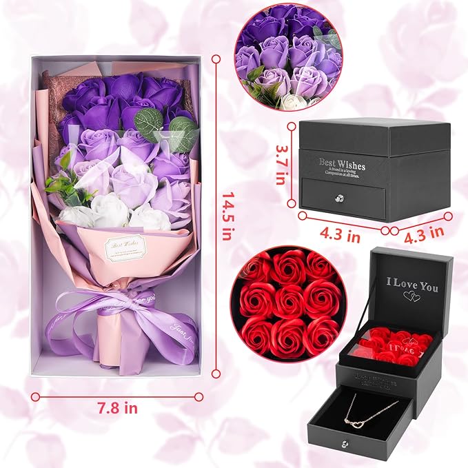 Rose Bouquet Rosas Eternas Preserved Rose Bouquet 18 Flower Bouquet with Beautiful Love Necklace, Unique Gift for Birthday, Valentine's Day, Mother's Day, Thanksgiving, Christmas, Anniversary