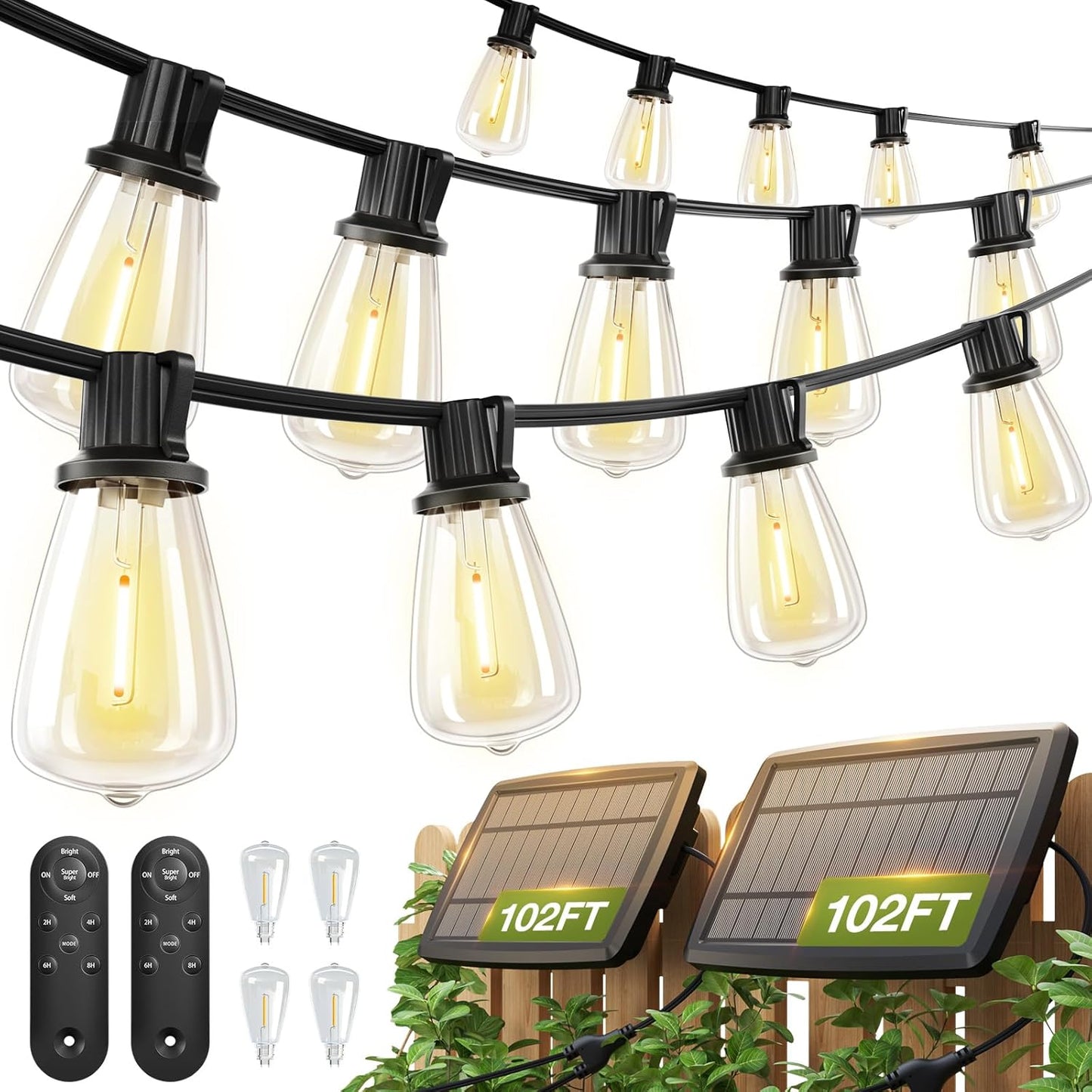 addlon 2 Pack*102FT(96+6) Solar String Lights Waterproof, Patio Lights Solar Powered with Remote & USB Port, 3 Lighting Modes 60+4 LED Shatterproof Bulbs Outdoor Light for Camping Backyard Garden