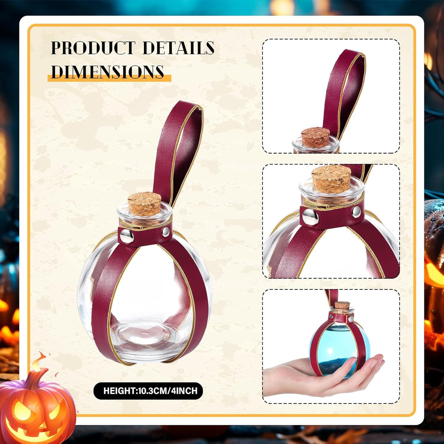 Boao Potion Bottles with Cork Set Dark Magic Cork Round Potion Bottle with Leather Belt Clear Glass Large for Halloween Costume Props DIY Crafts Decorative, 200 ml(Claret)