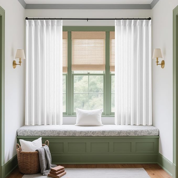 Snow White Pinch Pleated Linen Curtains 2 Panels 63 Inch Length for Dining Living Room Memory Training Shaped Semi Sheer Short Pleat Drapes with Hooks Rings Small Bedroom Window Curtain 40x63
