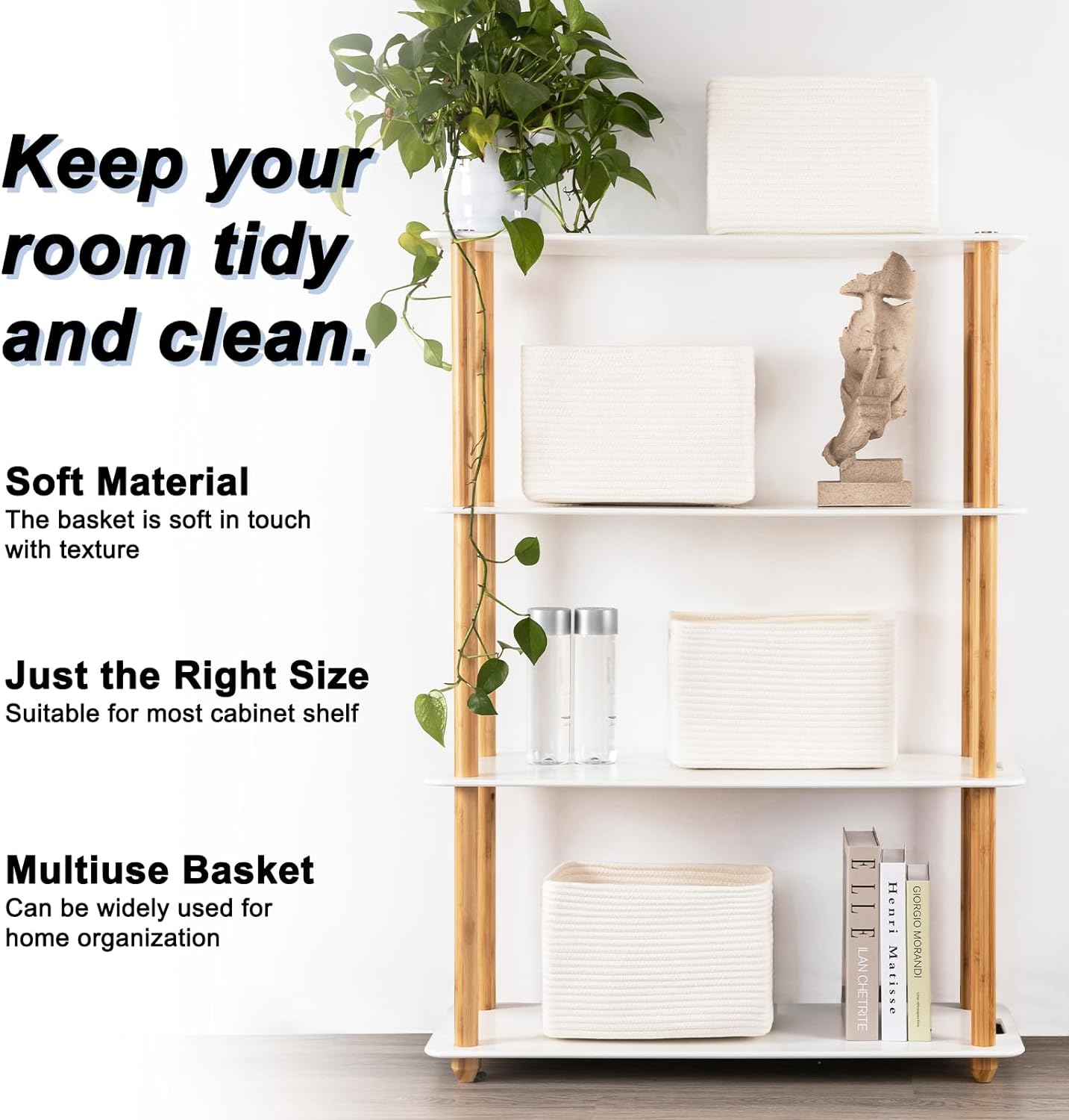 4 Pack Storage Baskets for Organizing, Woven Baskets for Shelves - Perfect for Toys, Books, Towels, and Clothes, Durable Gift Basket Bins Toy Storage, 12.7''L x9''W x7.8''H, White