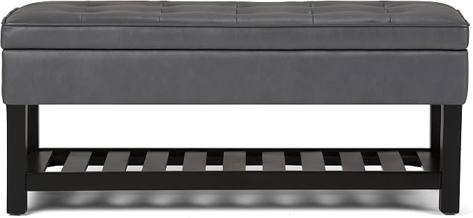 SIMPLIHOME Cosmopolitan Storage Ottoman Bench - 44 inch Wide Upholstered Vegan Leather Rectangle Storage Ottoman in Stone Grey, Transitional Bench for Bedroom with Tufted Lift-Top and Open Shelf