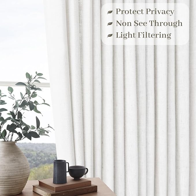 92 Inch Pinch Pleated Curtains for Living Room 2 Panels Rustic Beige White Thick Linen Textured Light Filtering Pinch Pleat Drapes Minimalist Back Tab Semi Sheer Window Curtain for Bedroom Kitchen