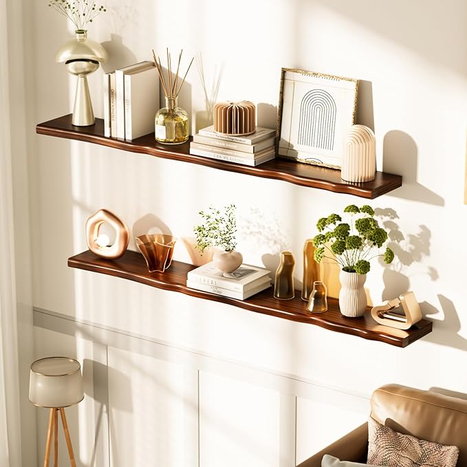 Floating Shelves for Wall Rustic Farmhouse 55 Inch Floating Shelf Bathroom Wooden Shelves for Wall Mounted Live Edge Pine Shelf with Unique Natural Grain for Living Room Bedroom Kitchen (Walnut)