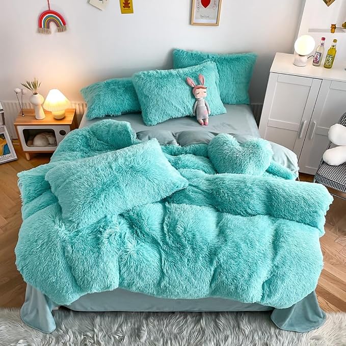 chovy Faux Fur Plush Sky Blue Comforter Sets Twin - Ultra Soft Shaggy Flannel Velvet Fluffy Fuzzy 3PC Bedding Set （Comforter x 1 Pillowcases x 2）